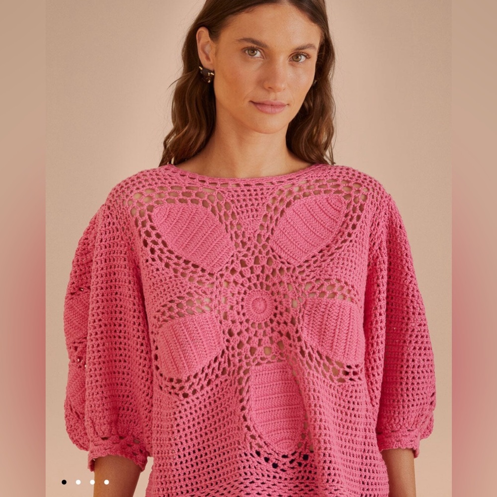 Farm Rio Blush Flower Draw Crochet Blouse